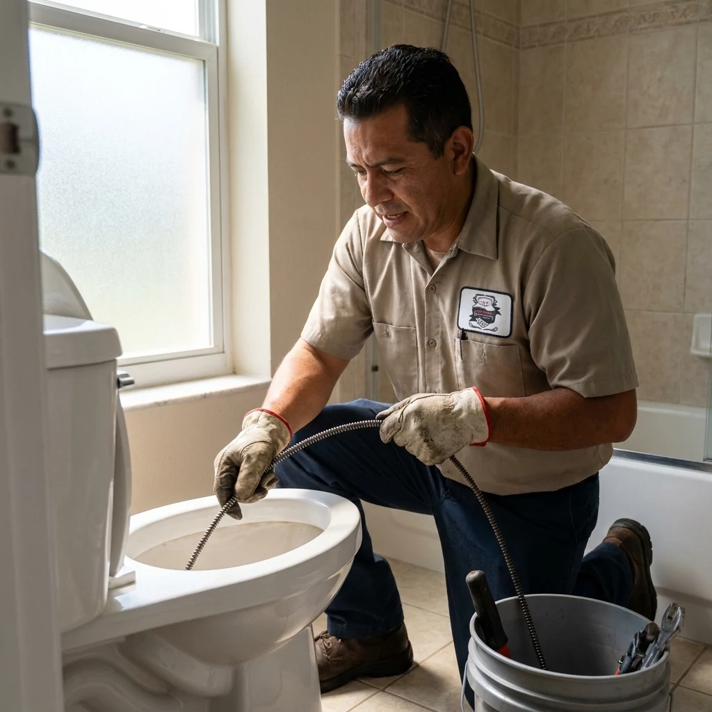 Clogged toilet being cleared in a Beacon Hill house