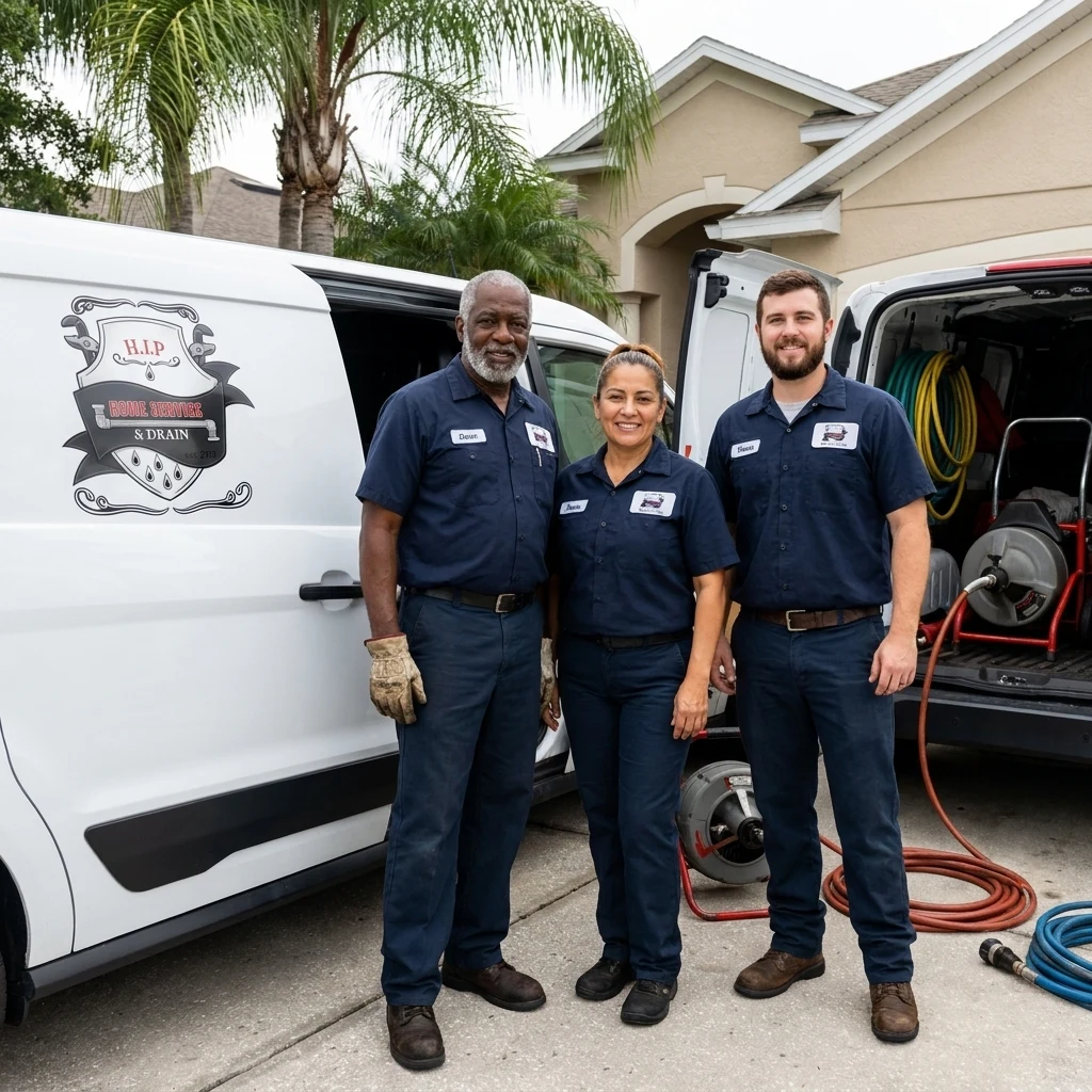 Three technicians in navy work shirts posing beside an open van with hose reels racked inside