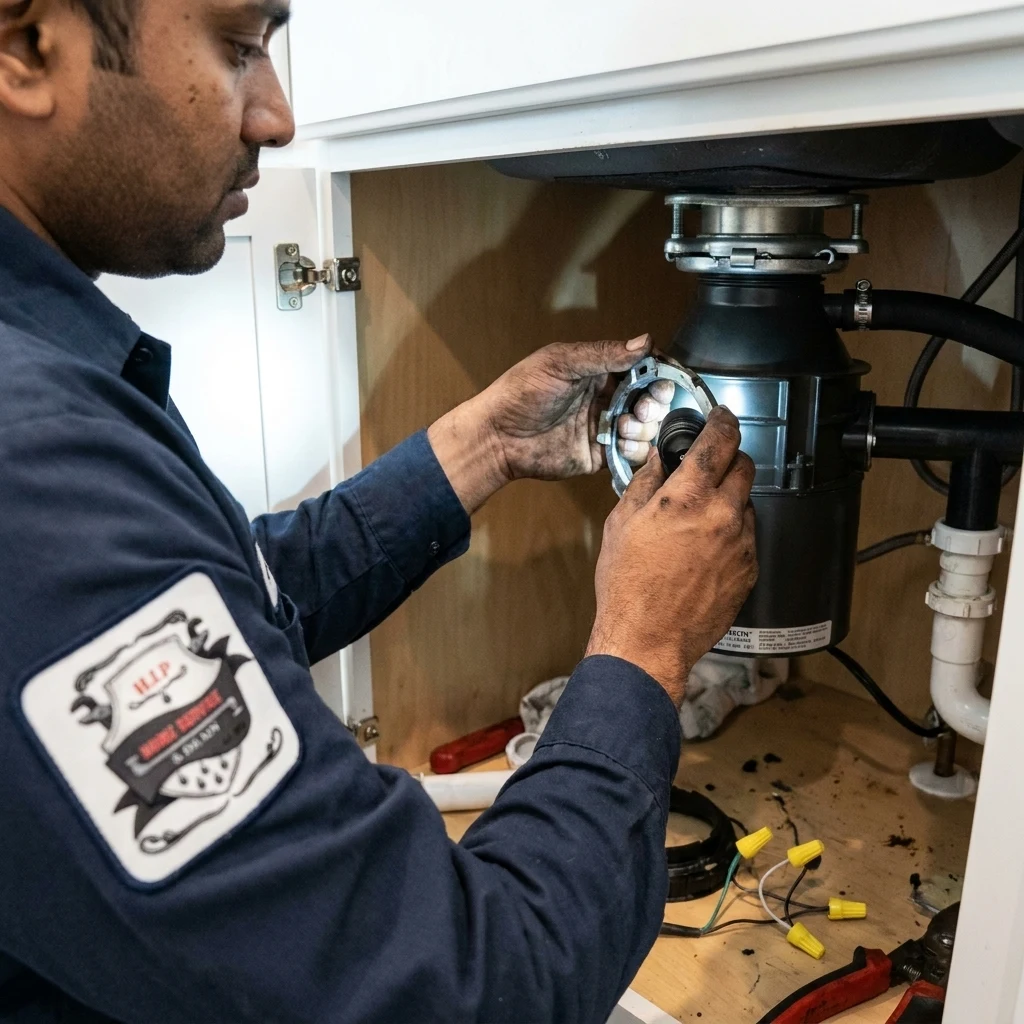 Technician reaching into the cabinet under a sink to service a garbage disposal